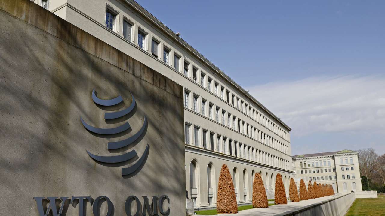 A logo is pictured on the WTO in Geneva