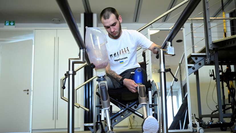FILE PHOTO: German artificial limb maker shows Ukrainians how to use its products on war victims