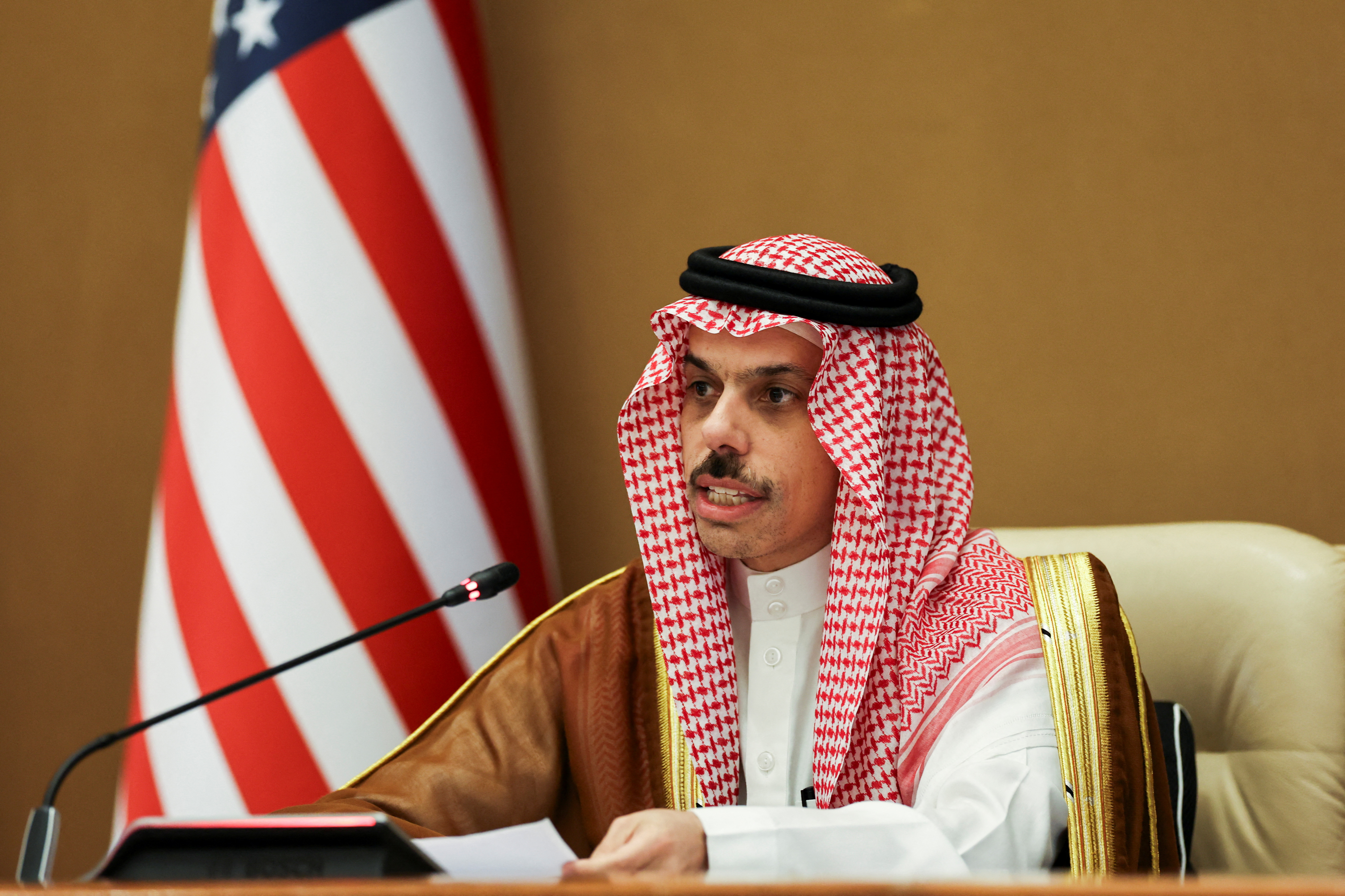 Saudi Foreign Minister Prince Faisal bin Farhan Al Saud speaks during a press conference in Riyadh