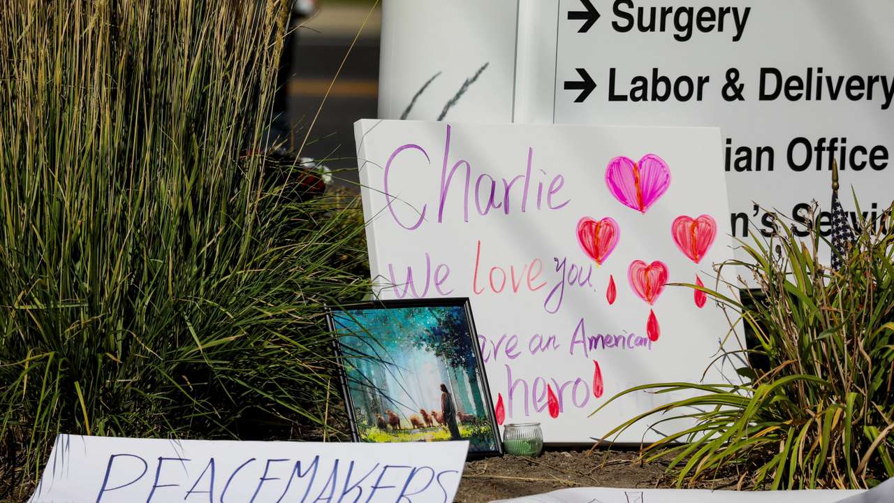 People mourn U.S. right-wing activist Kirk at a memorial at Orem's Timpanogos Regional Hospital