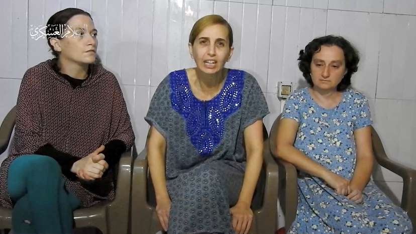 FILE PHOTO: Hostages held by Palestinian Hamas militants give a statement