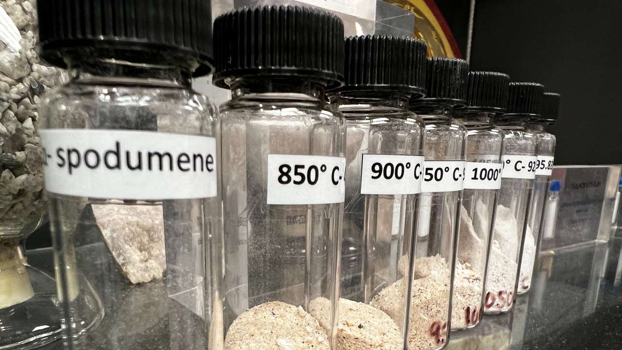 A display shows lithium ore spodumene, in Perth