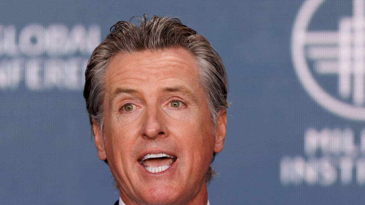 FILE PHOTO: Gavin Newsom, governor of the State of California, speaks at the 2023 Milken Institute Global Conference in Beverly Hills