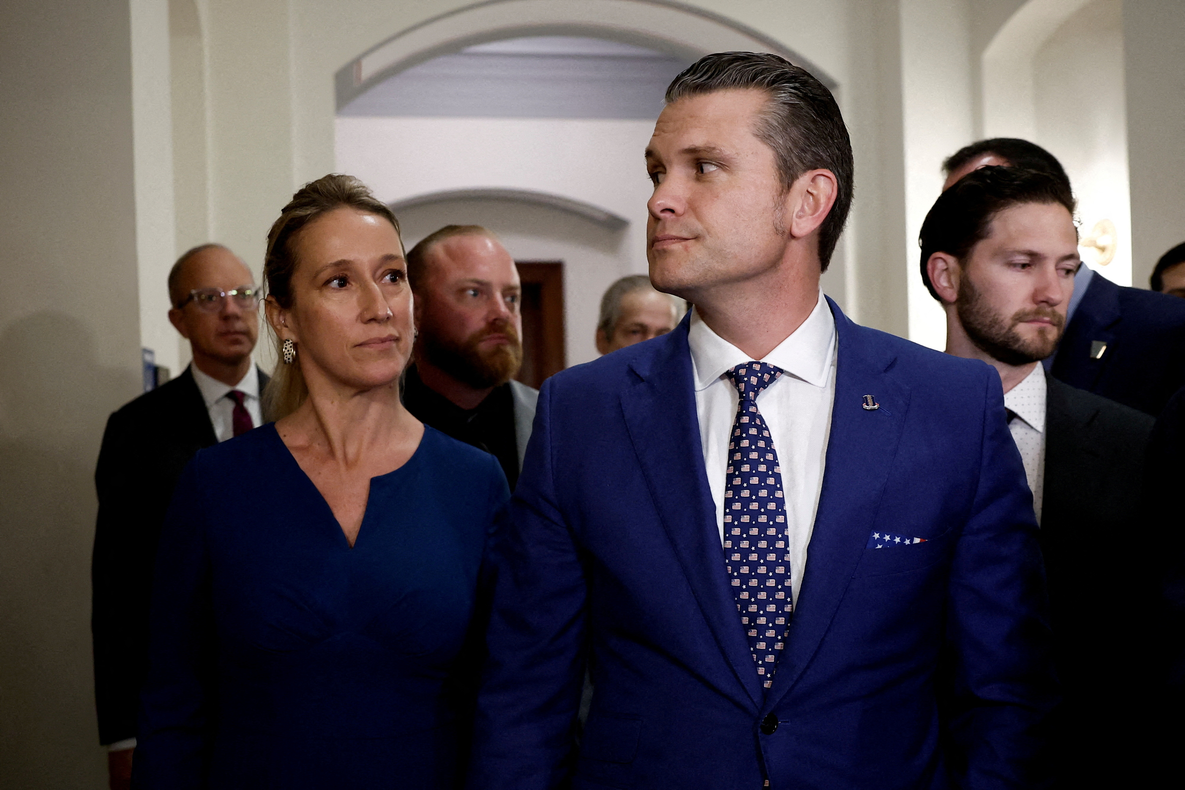 FILE PHOTO: Pete Hegseth, President-elect Donald Trump's choice to be U.S. Defense Secretary walks after a meeting on Capitol Hill in Washington