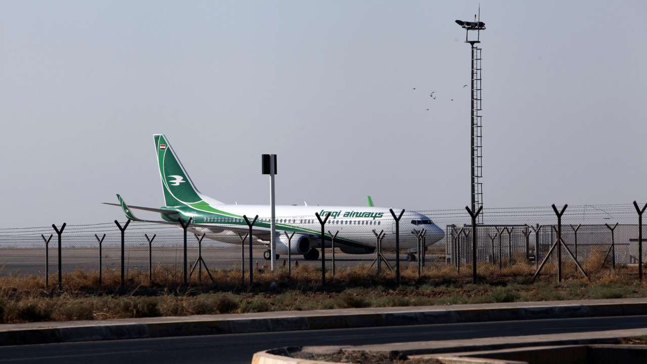 An Iraqi Airways plane is seen at the Erbil International Airport in Erbil