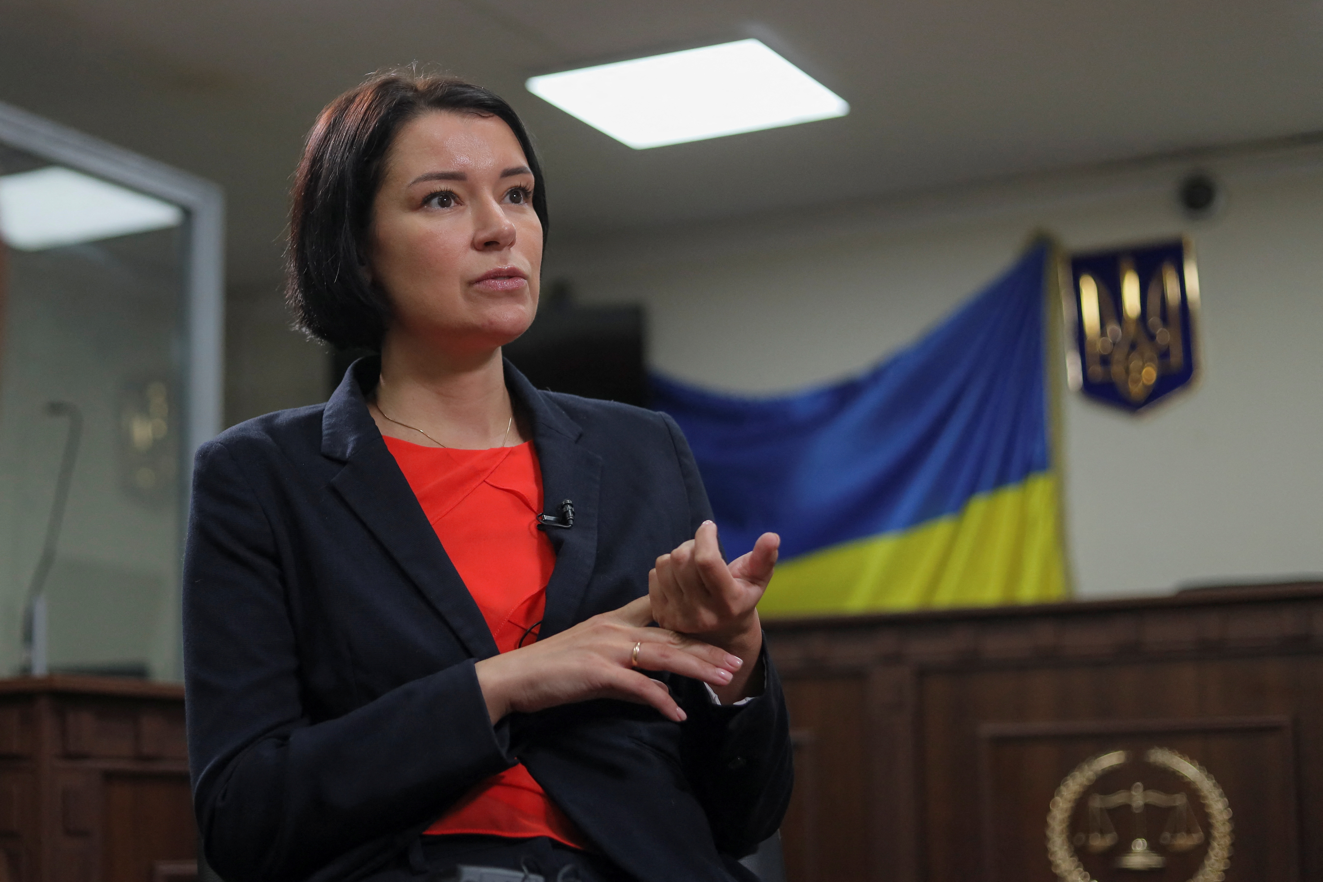 Judge Olha Vdovychenko speaks during an interview with Reuters in Kyiv