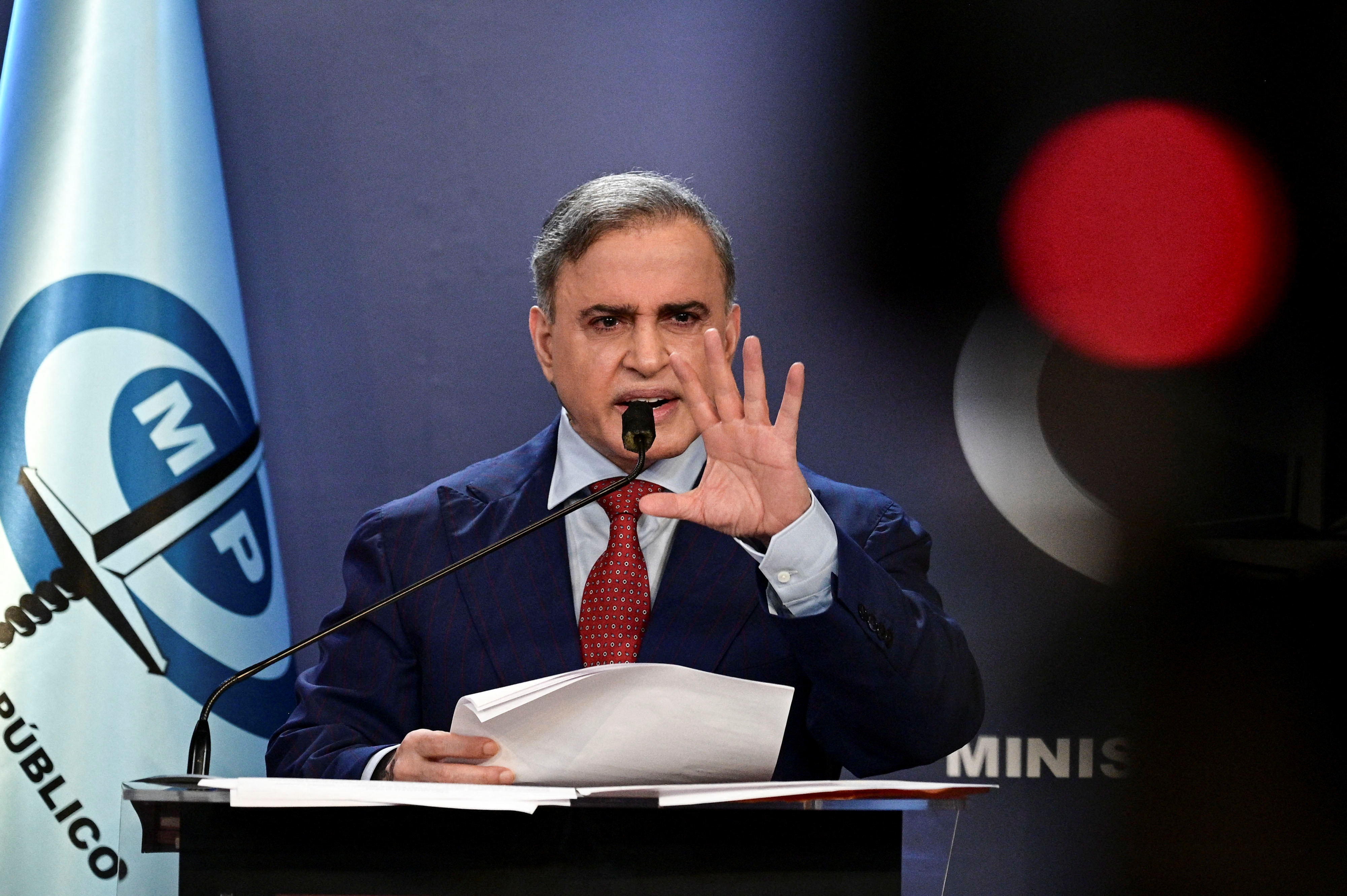 Venezuela's Attorney General Tarek Saab addresses the media in Caracas