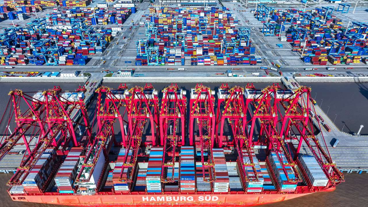 Container ship at a port in Zhoushan