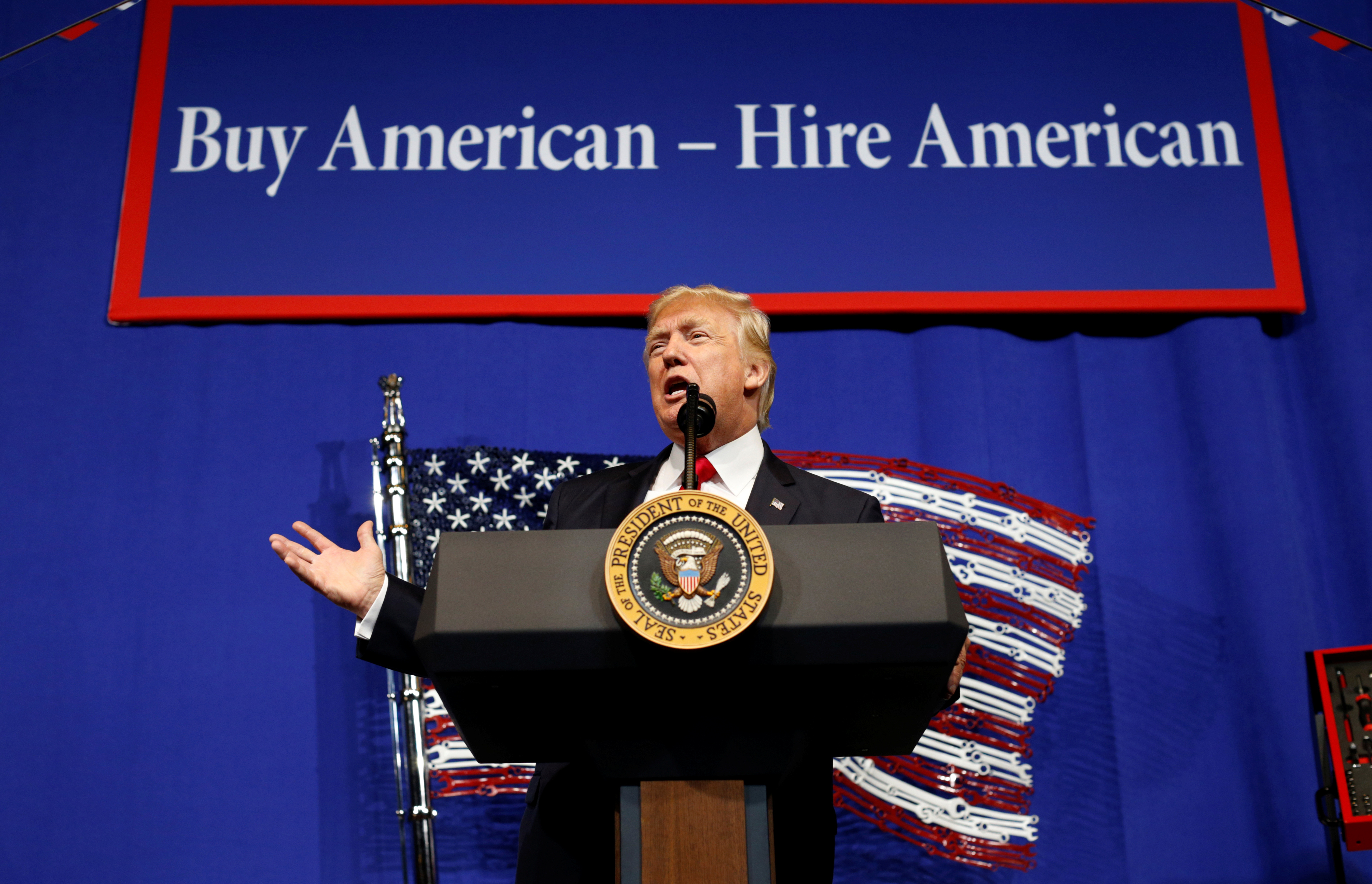 FILE PHOTO: Donald Trump speaks during a visit to the world headquarters of Snap-On Inc, a tool manufacturer in Kenosha
