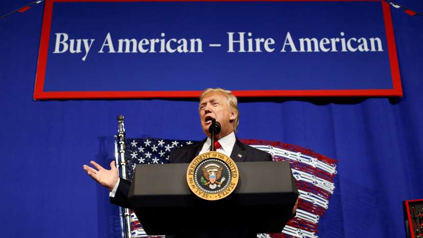 FILE PHOTO: Donald Trump speaks during a visit to the world headquarters of Snap-On Inc, a tool manufacturer in Kenosha