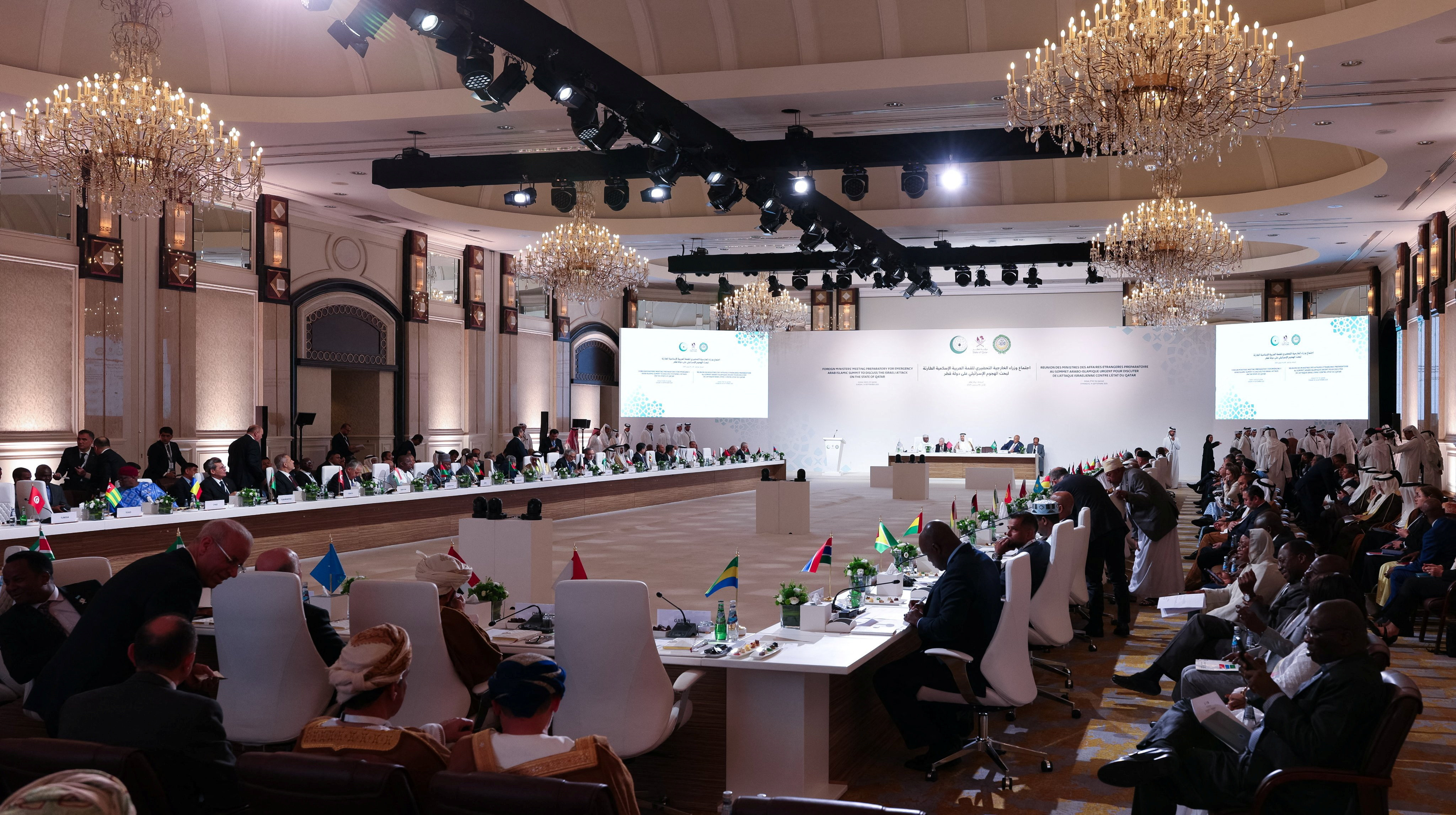 Qatar's Prime Minister and Minister for Foreign Affairs Sheikh Mohammed bin Abdulrahman bin Jassim Al-Thani, attends the preparatory ministerial meeting for emergency Arab-Islamic summit in Doha