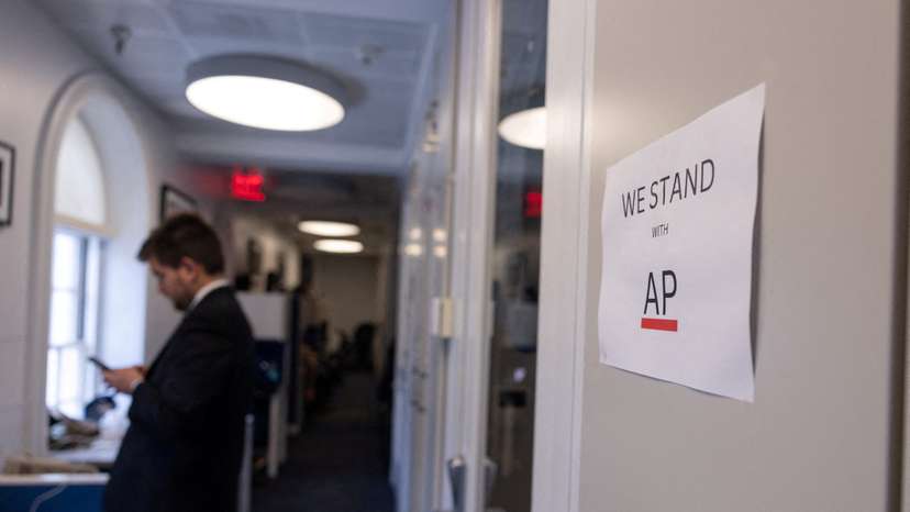 FILE PHOTO: Sign reads, "We Stand with AP", at the White House in Washington, D.C.