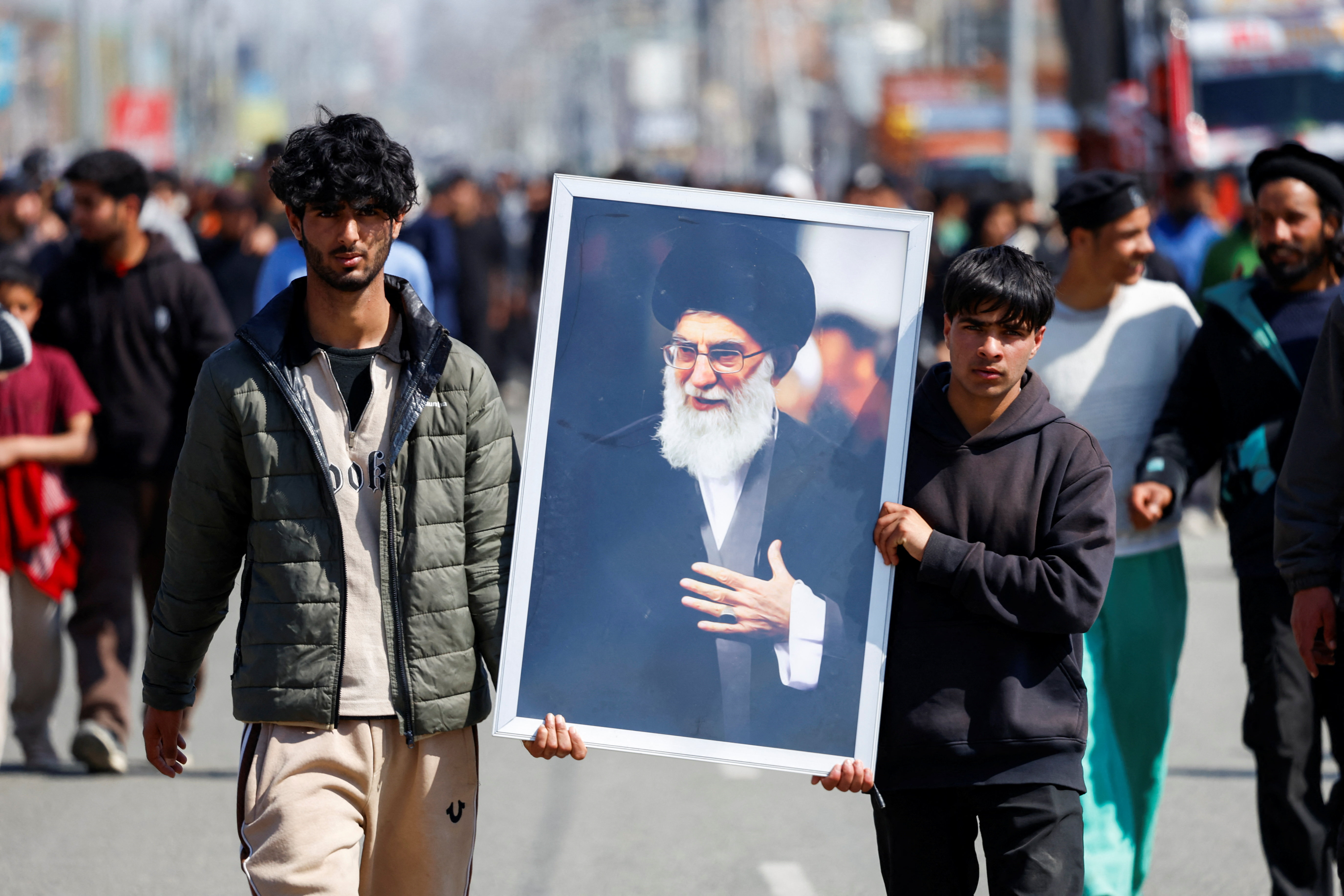 Demonstration following the killing of Iran’s Supreme Leader Ayatollah Ali Khamenei in Israeli and U.S. strikes on Saturday, in Magam town, Central Kashmir