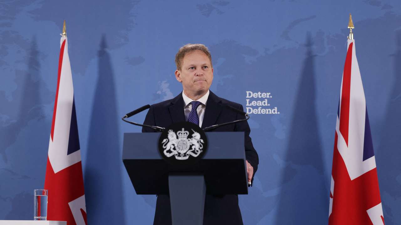 Britain's Defence Secretary Grant Shapps gives a speech at Lancaster House in London