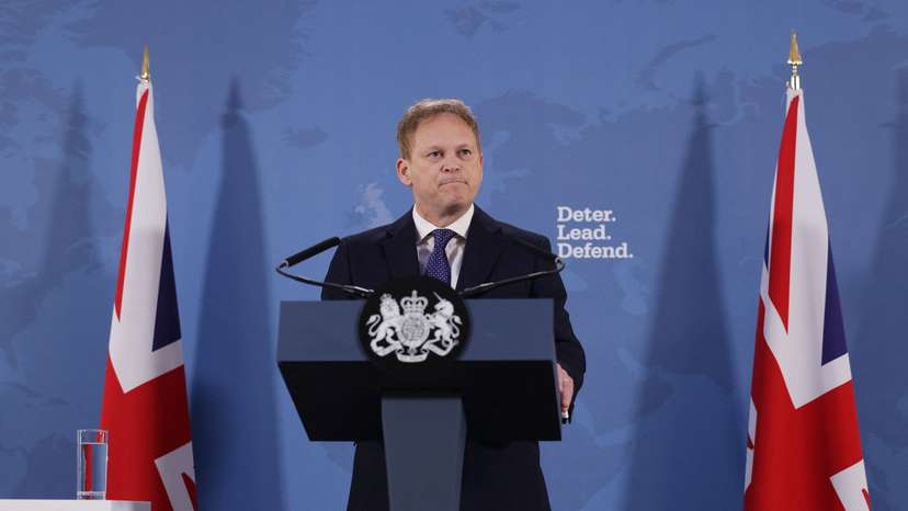 Britain's Defence Secretary Grant Shapps gives a speech at Lancaster House in London