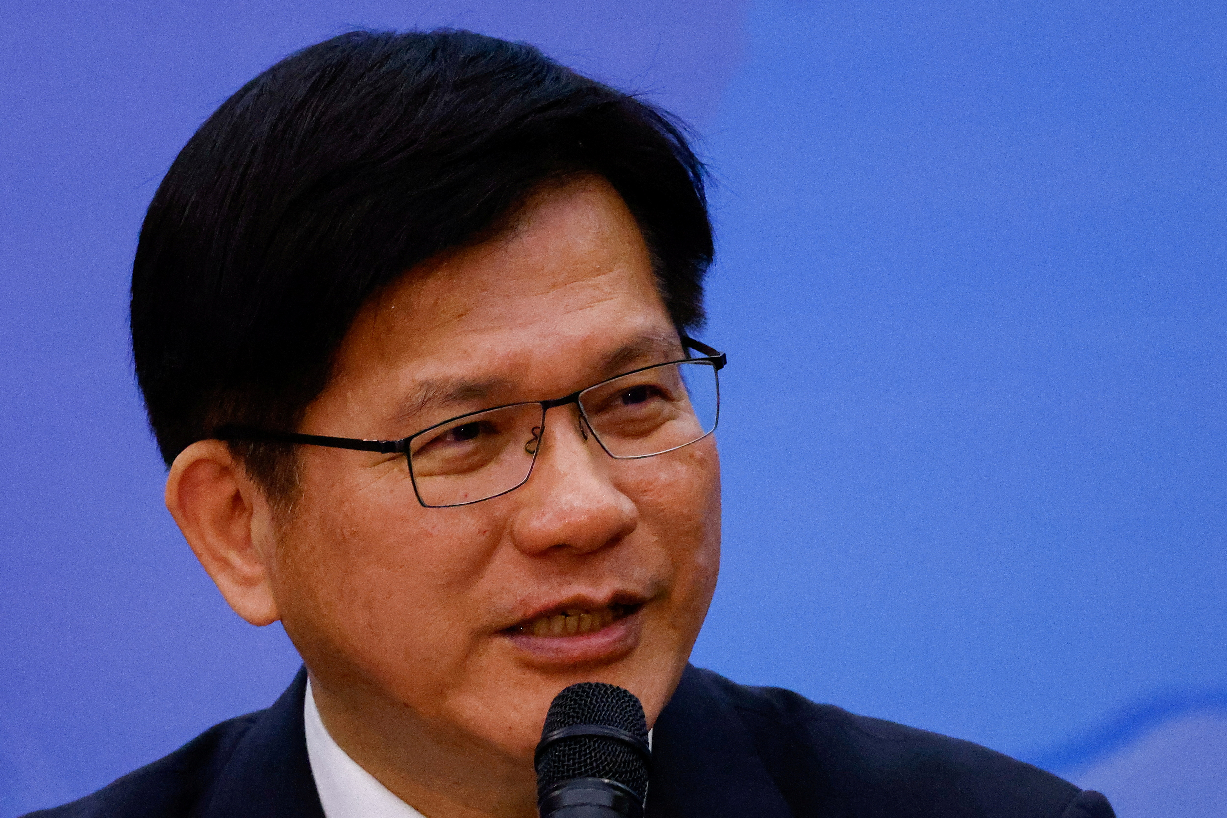 FILE PHOTO: Taiwan Foreign Minister Lin Chia-lung makes a speech at a press conference for foreign media, in Taipei