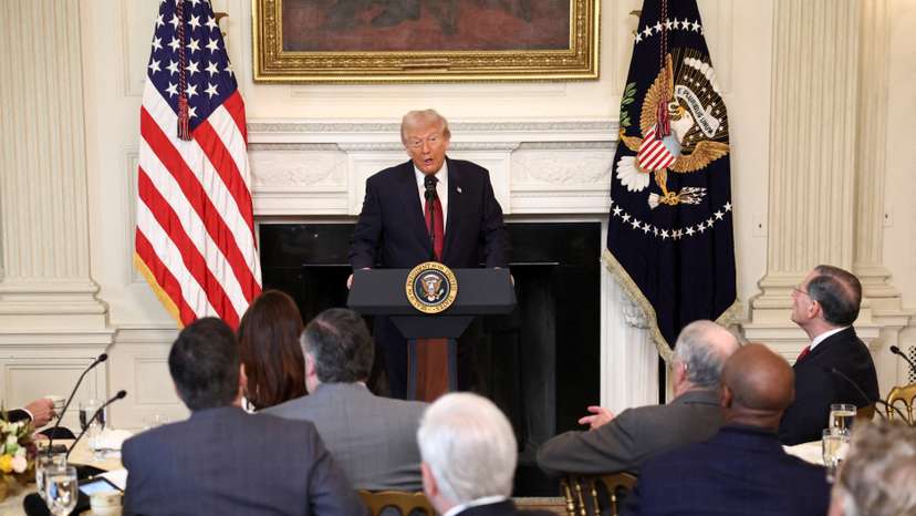 FILE PHOTO: U.S. President Donald Trump speaks during a breakfast with Republican Senators at the White House
