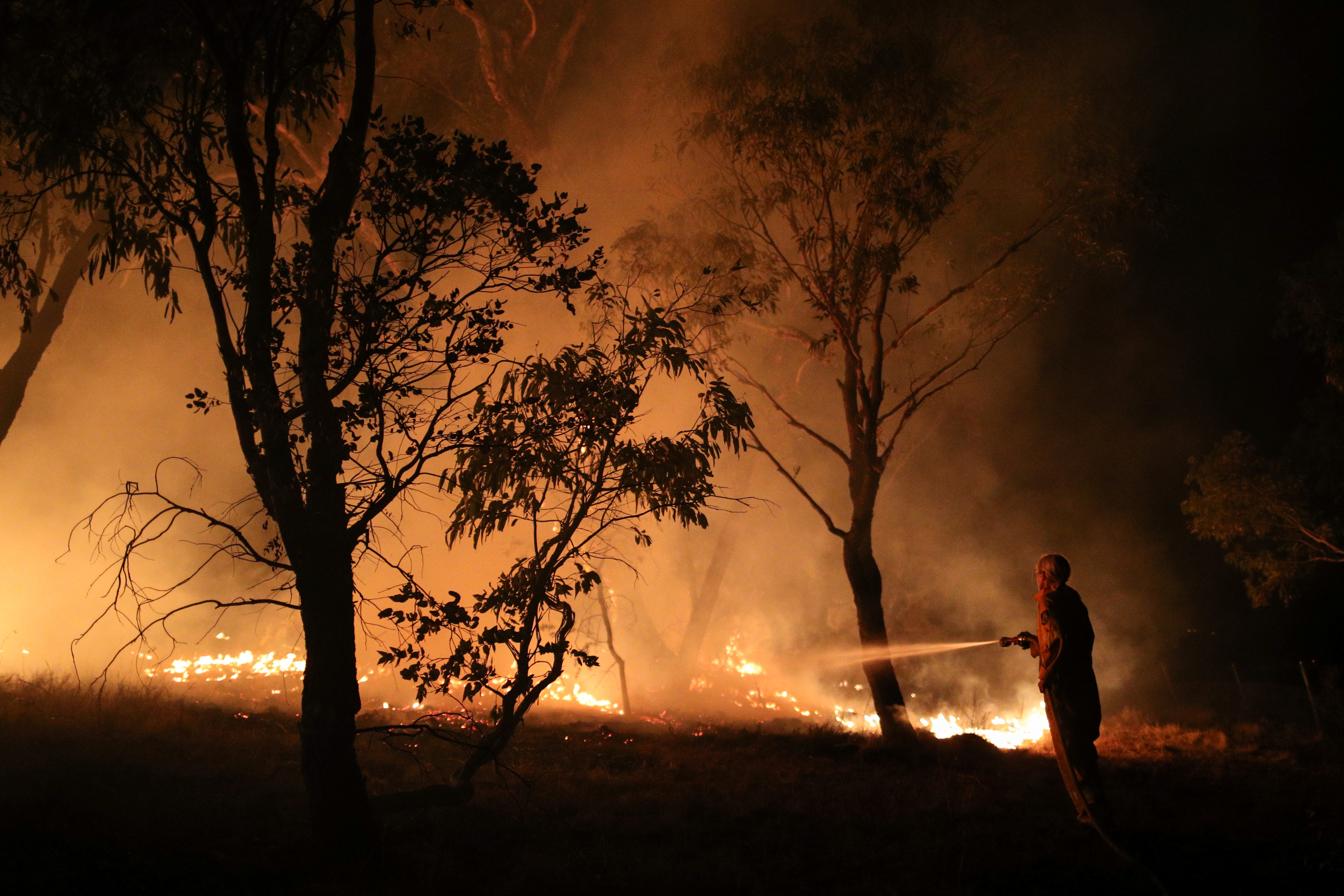 FILE PHOTO: A firefighter from a local brigade works to extinguish flames after a bushfire burnt through the area in Bredbo, New South Wales