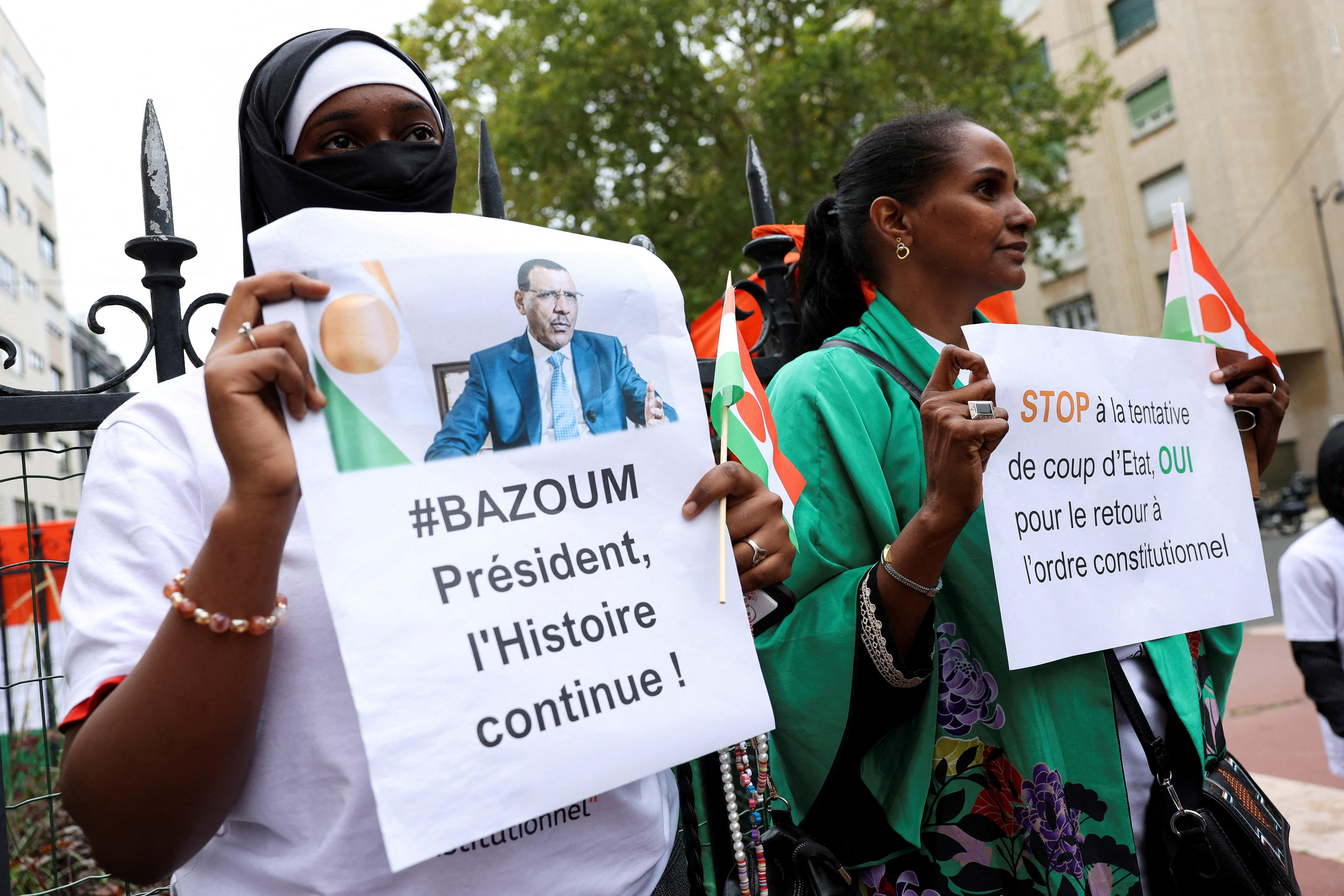 FILE PHOTO: Pro-Bazoum demonstrators gather outside Niger's embassy, in Paris