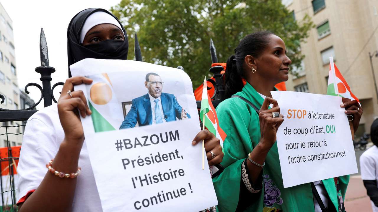 FILE PHOTO: Pro-Bazoum demonstrators gather outside Niger's embassy, in Paris