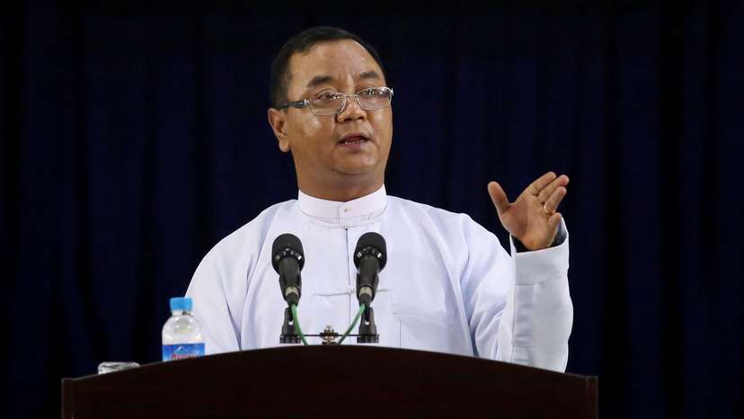Myanmar's military junta spokesman Zaw Min Tun speaks during the information ministry's press conference in Naypyitaw