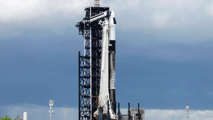 A SpaceX Falcon 9 rocket is prepared for launch of Polaris Dawn, a private human spaceflight mission, at the Kennedy Space Center in Cape Canaveral