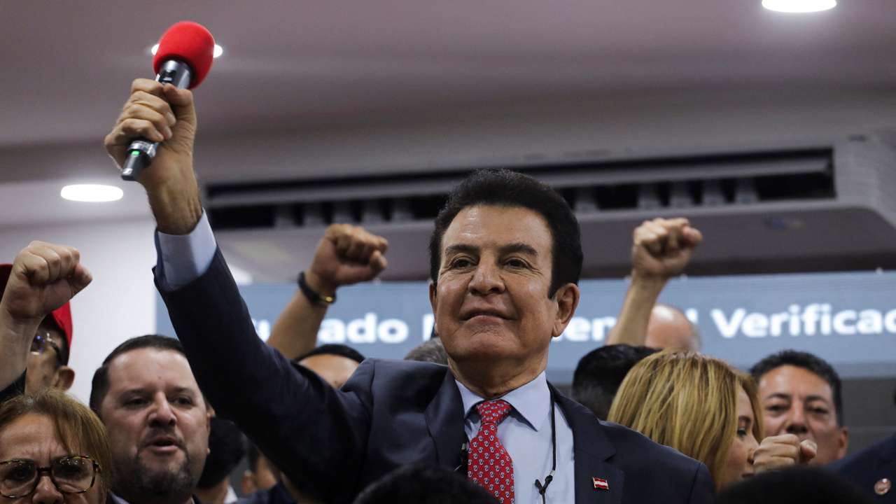 Presidential candidate Salvador Nasralla of Honduras' Liberal Party (PLH) holds a press conference amid reports of a tied vote count
