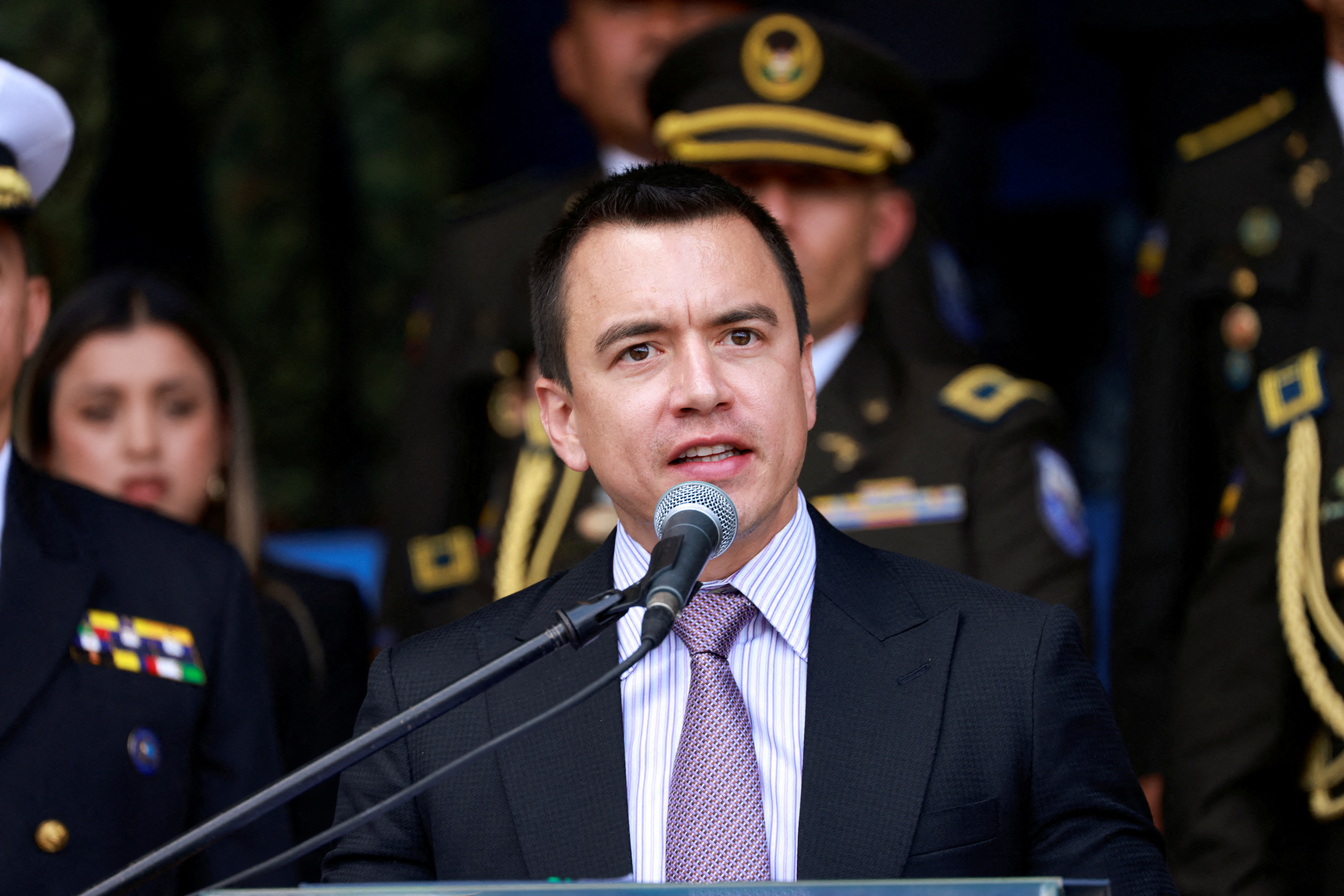 FILE PHOTO: Ecuador's President, Daniel Noboa, delivers equipment to the National Police
