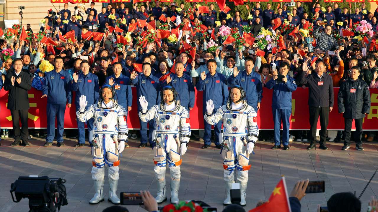 Chinese astronauts Tang Hongbo, Tang Shengjie and Jiang Xinlin of Shenzhou-17 mission attend a ceremony at Jiuquan Satellite Launch Center
