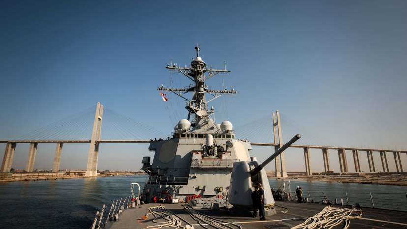 U.S. Navy Arleigh Burke-class guided-missile destroyer USS Carney transits the Suez Canal