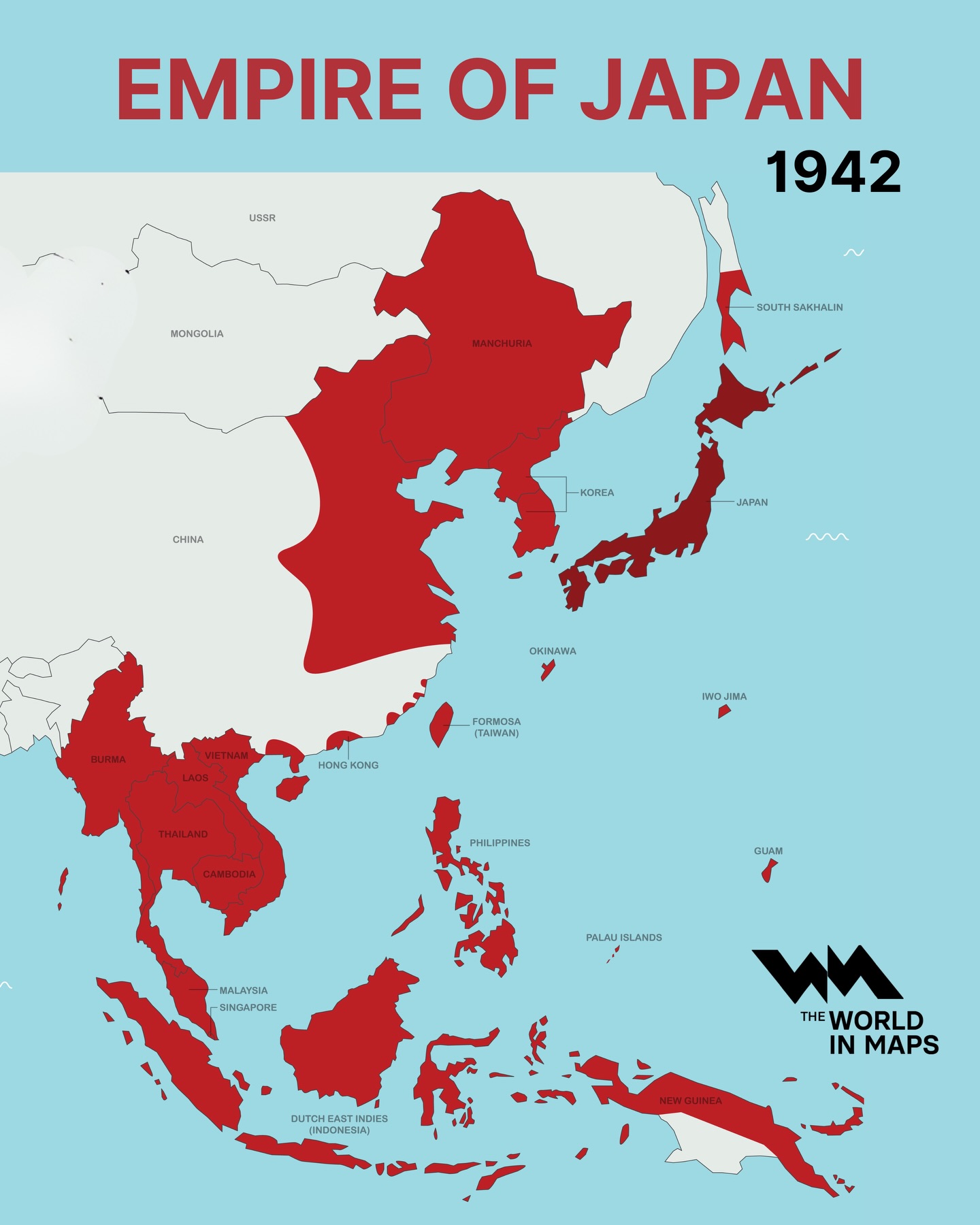Empire of Japan reached its greatest extent in 1942 before turning point in World War II