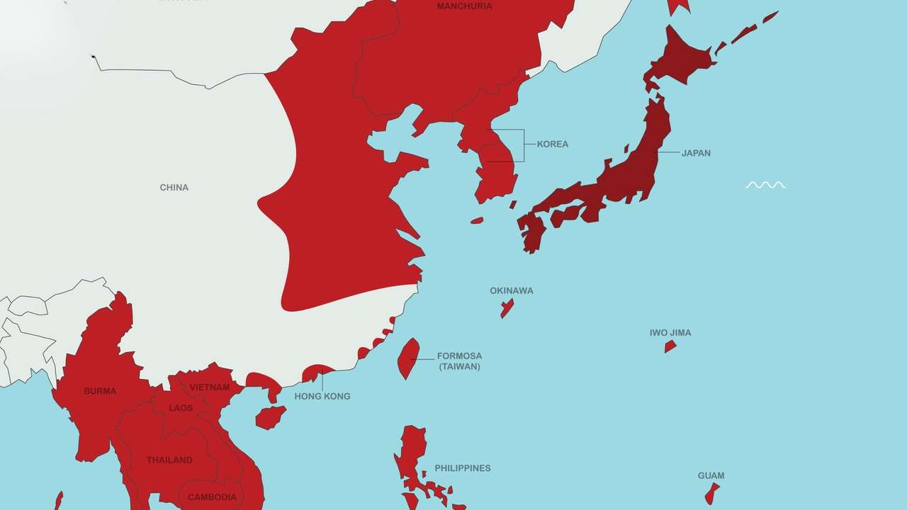 Empire of Japan reached its greatest extent in 1942 before turning point in World War II