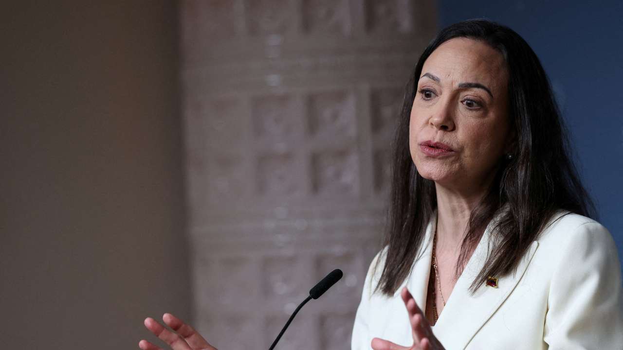 FILE PHOTO: Nobel Peace Prize laureate and Venezuelan opposition leader Maria Corina Machado speaks during a press conference in Oslo
