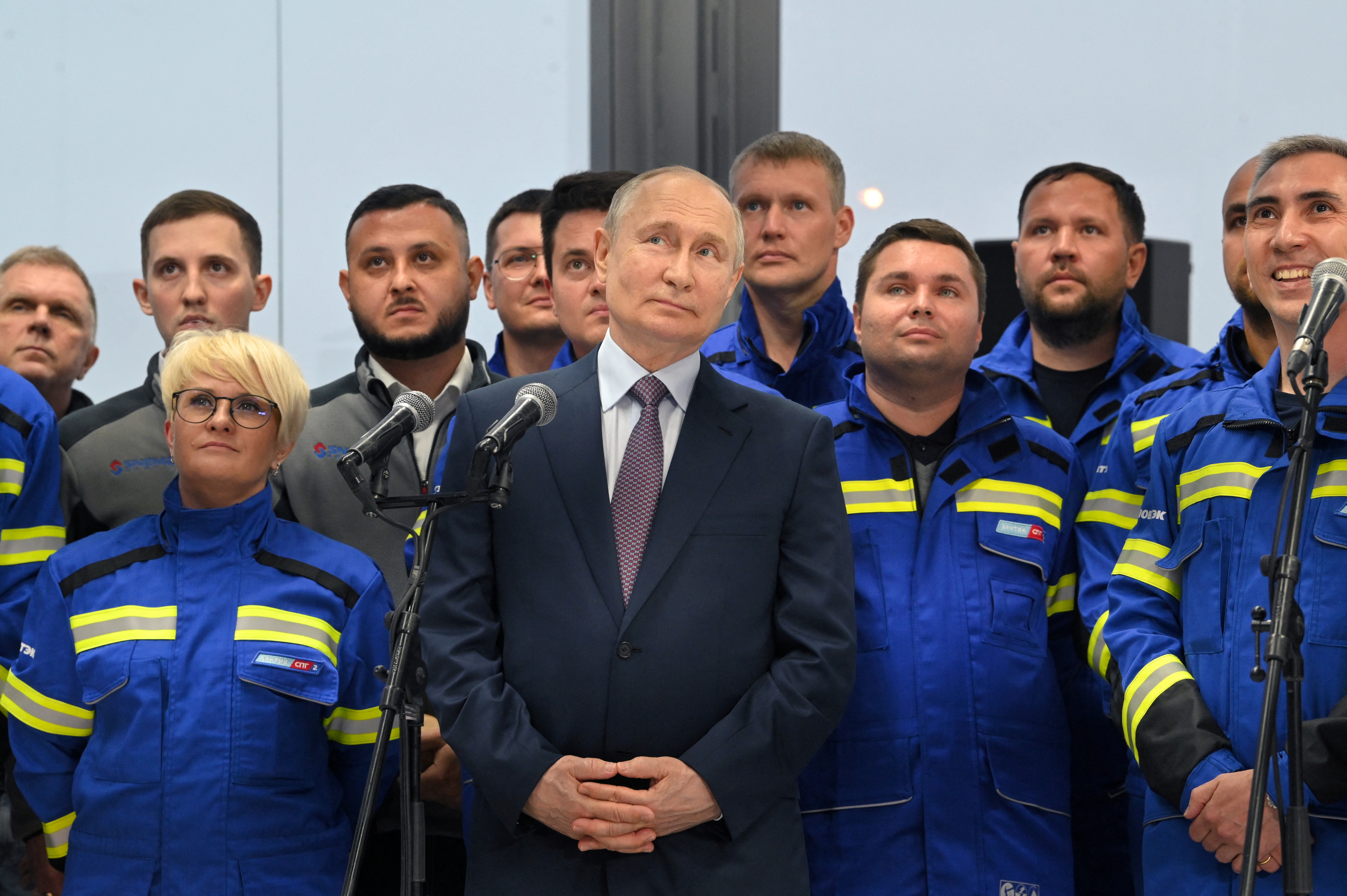 Russian President Putin launches the first natural gas liquefaction line on a gravity-type base for the Arctic LNG-2 project in Murmansk region