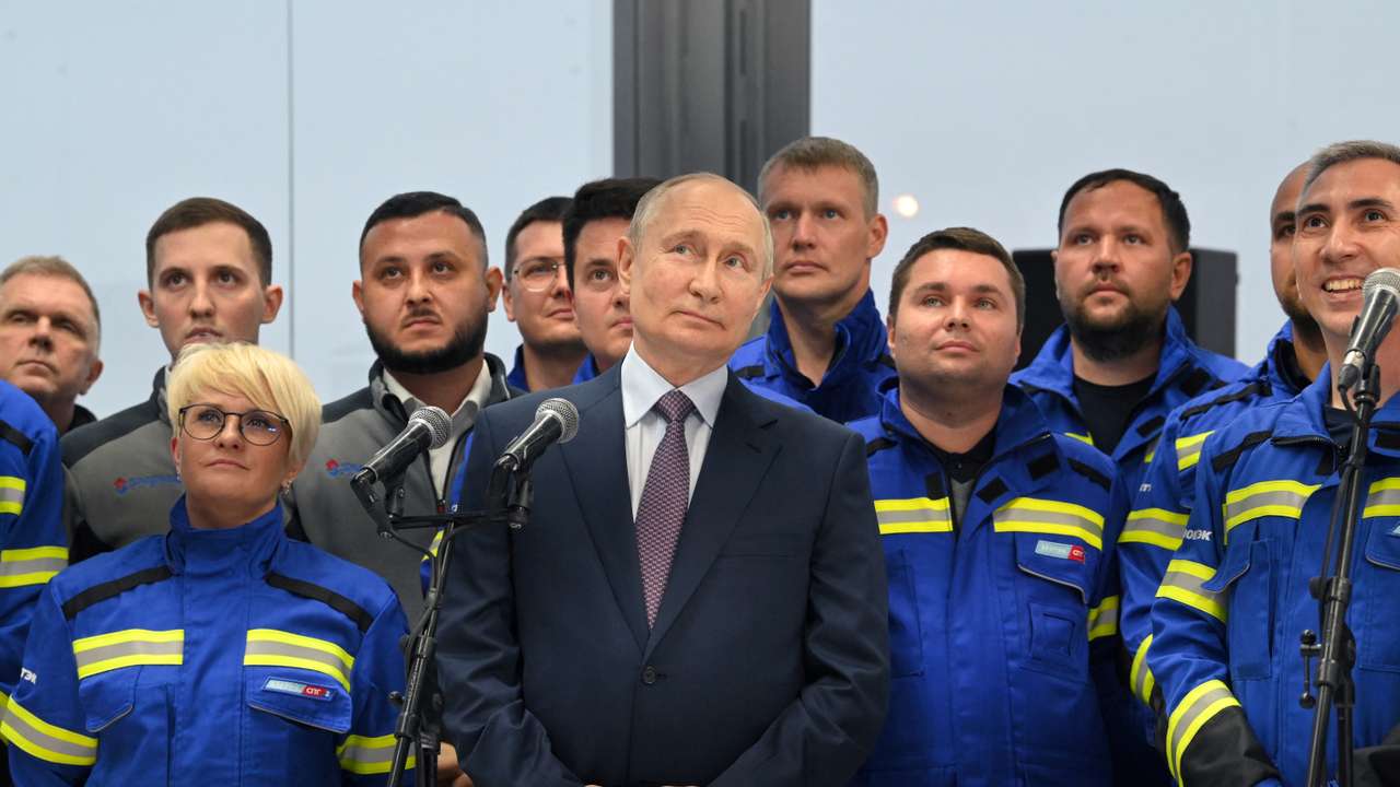 Russian President Putin launches the first natural gas liquefaction line on a gravity-type base for the Arctic LNG-2 project in Murmansk region
