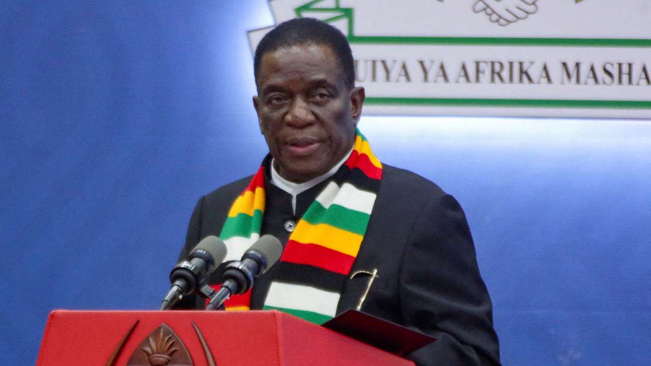 FILE PHOTO: Zimbabwe President Emmerson Mnangagwa addresses delegates at a joint summit from the Southern African Development Community (SADC) and the East African Community (EAC) to discuss the conflict in eastern Congo, in Dar es Salaam, Tanzania February 8, 2025. REUTERS/Emmanuel Herman/File Photo