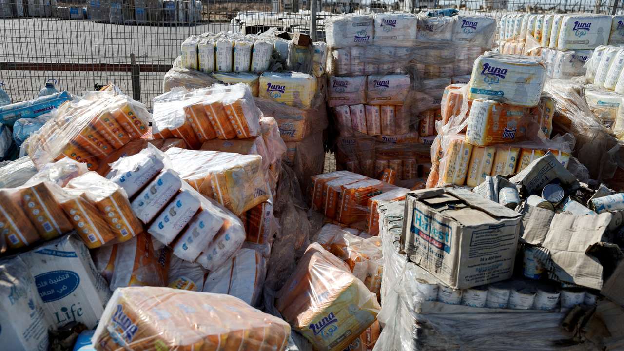Humanitarian aid is waited to be transferred into Gaza from Israel, at the Gaza part of the Kerem Shalom crossing in the Gaza Strip