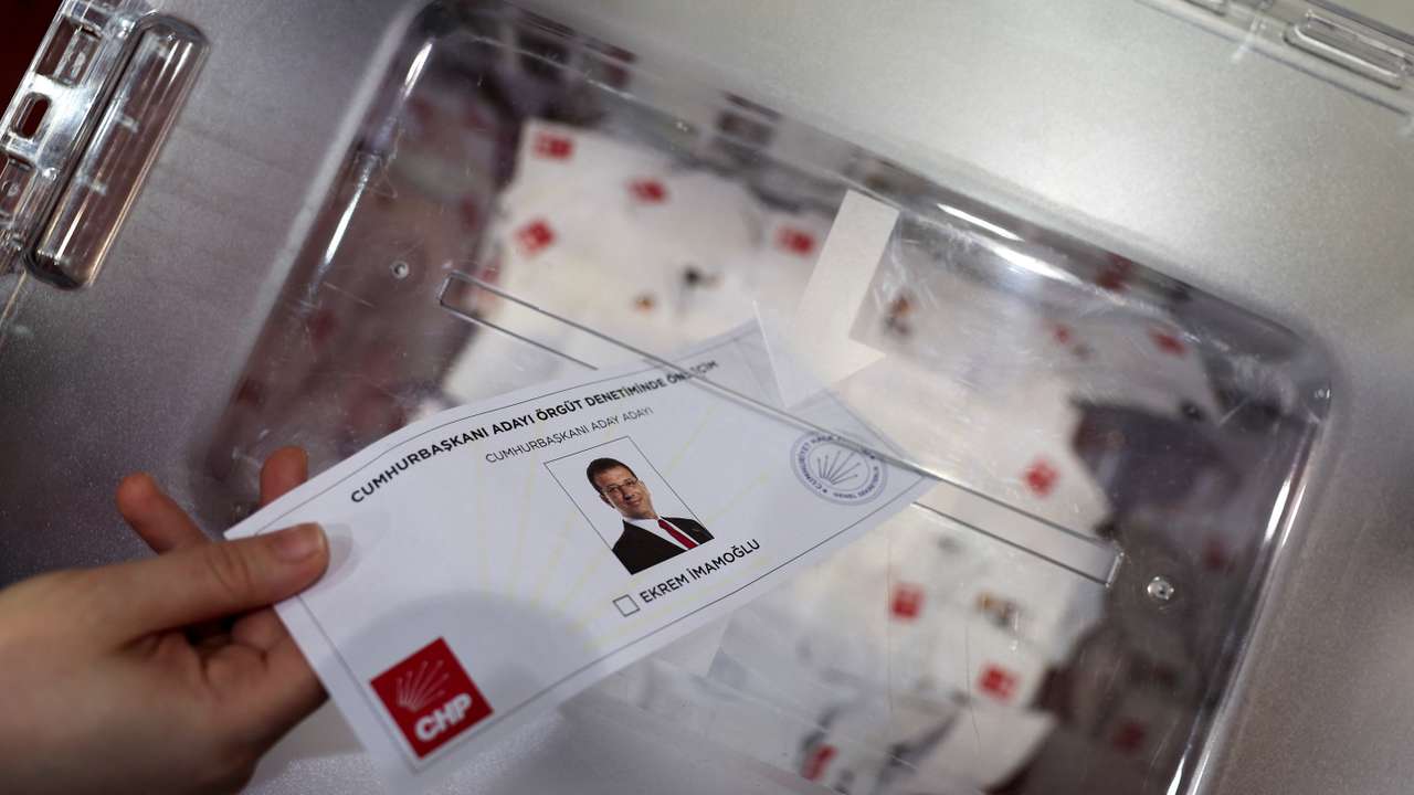 People vote in a primary election to endorse jailed Istanbul Mayor Ekrem Imamoglu as their candidate for the next presidential election, in Istanbul
