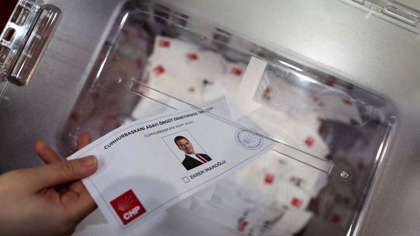 People vote in a primary election to endorse jailed Istanbul Mayor Ekrem Imamoglu as their candidate for the next presidential election, in Istanbul