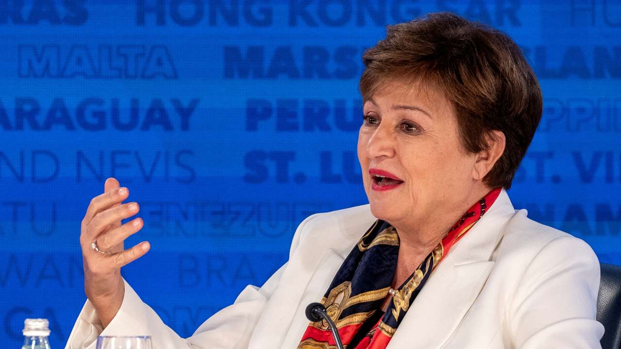 IMF Managing Director Kristalina Georgieva speaks during a press briefing at the IMF and World Bank's 2024 annual Spring Meetings in Washington
