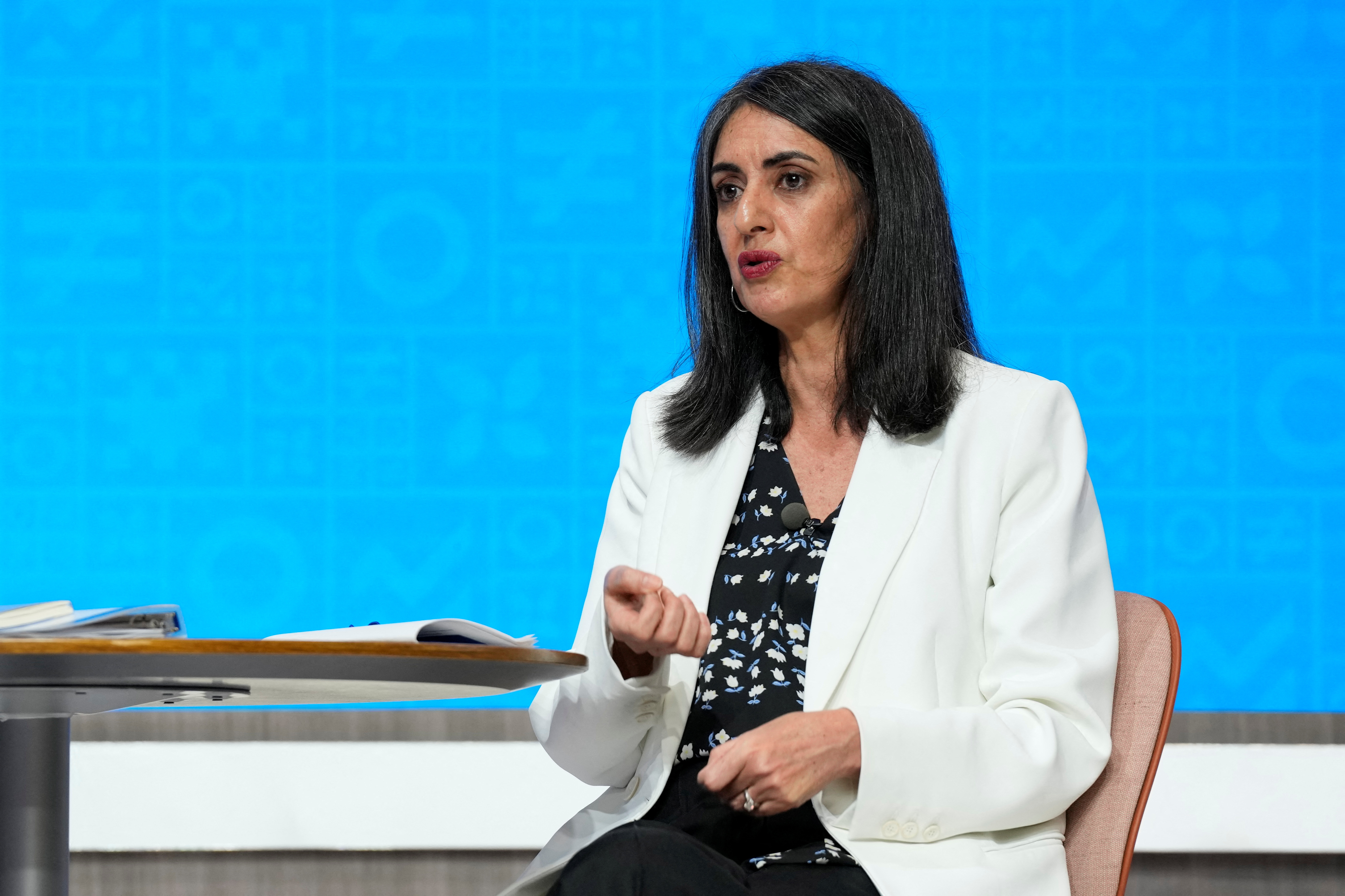 Moroccan Finance Minister Nadia Fettah speaks during the Spring Meetings at the IMF building in Washington