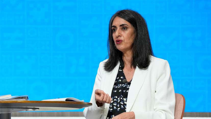 Moroccan Finance Minister Nadia Fettah speaks during the Spring Meetings at the IMF building in Washington