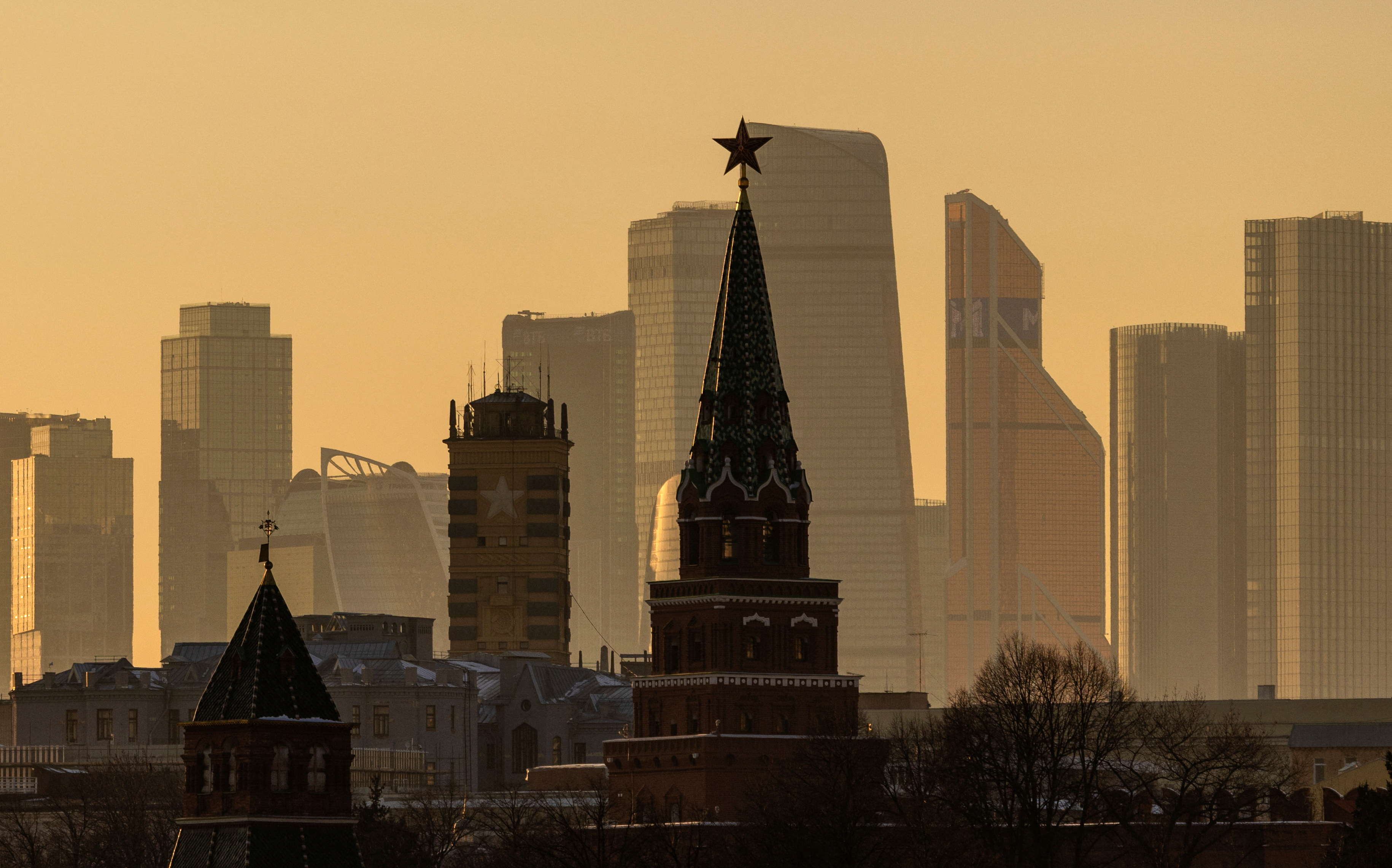 A view shows a business centre and a Kremlin tower in Moscow