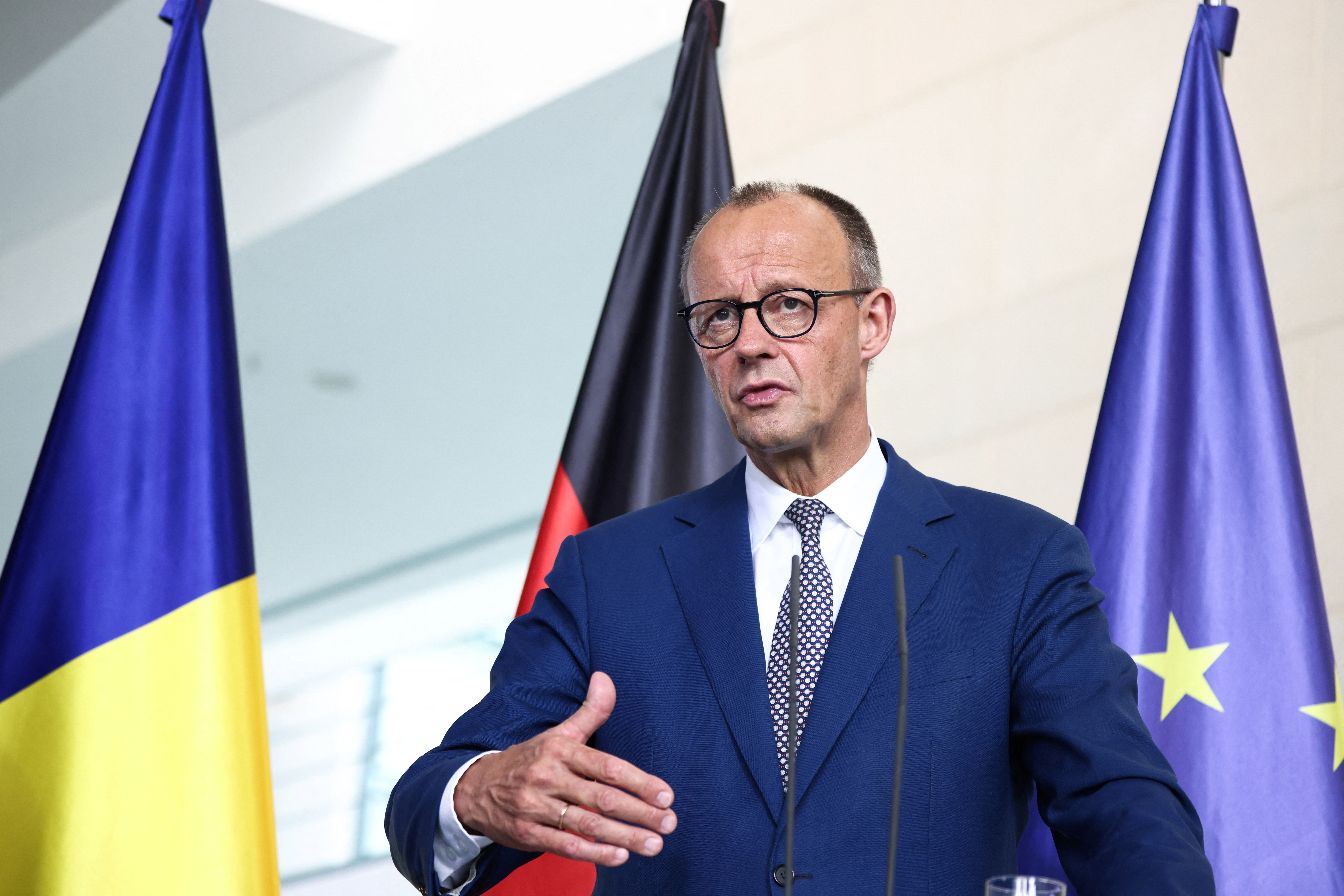 German Chancellor Friedrich Merz and Romanian President Nicusor Dan in Berlin
