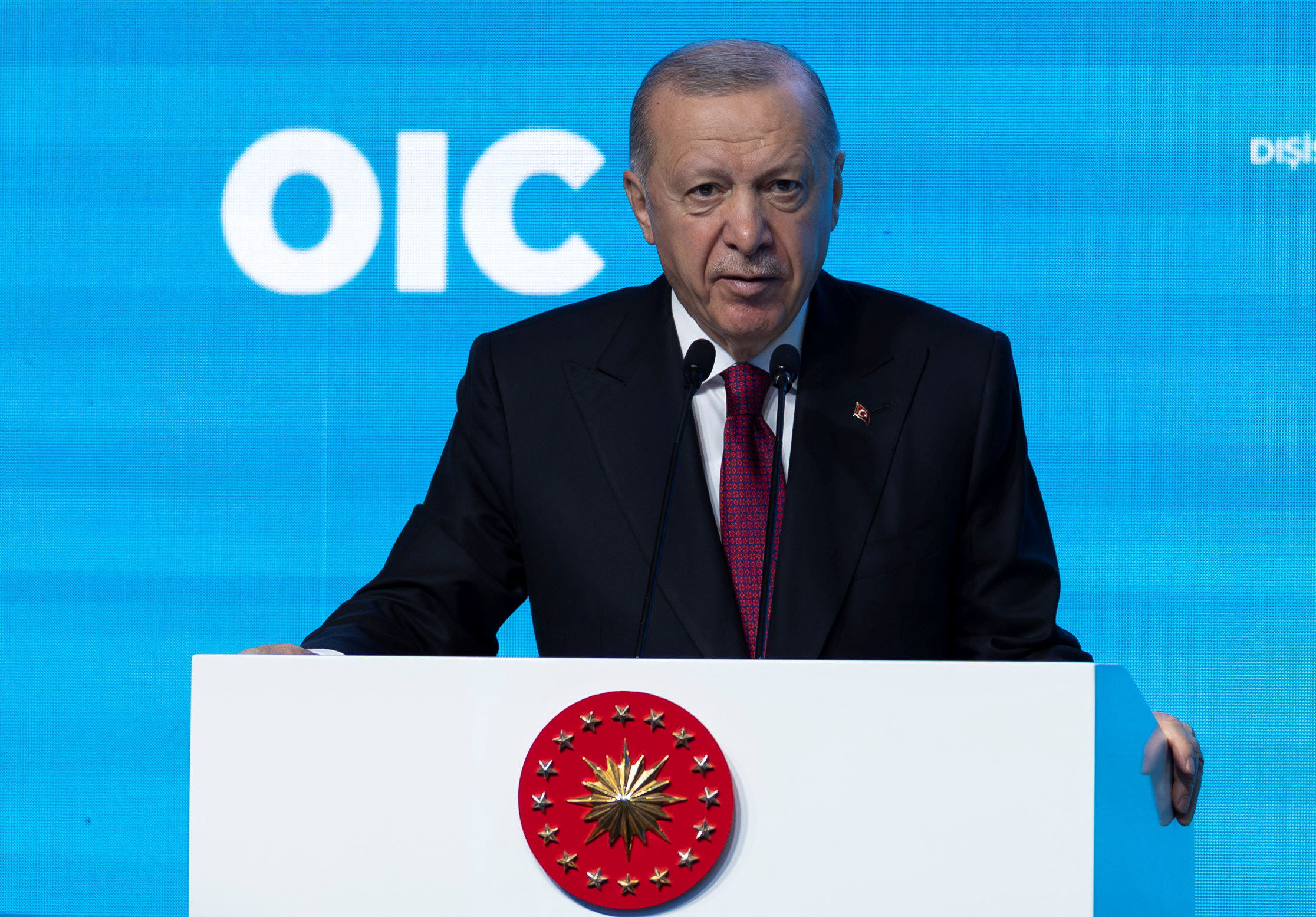 Turkish President Tayyip Erdogan speaks during the 51st Session of the Council of Foreign Ministers of the Organisation of Islamic Cooperation in Istanbul