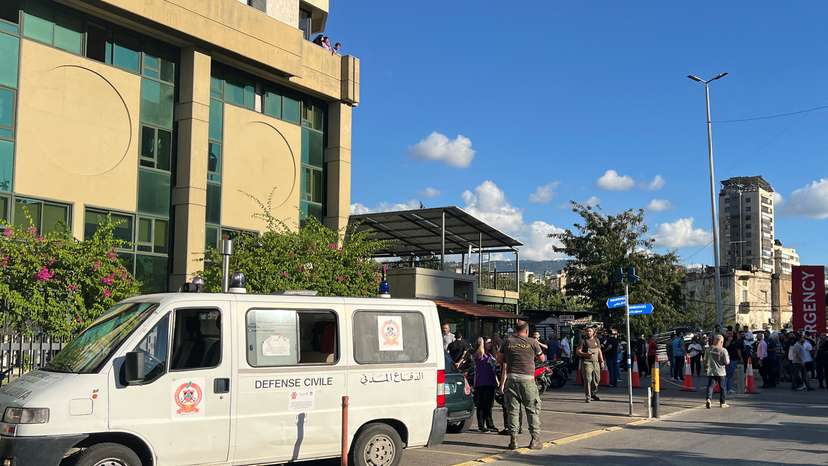People gather outside Mount Lebanon hospital as more than 1,000 people, including Hezbollah fighters and medics, were wounded on Tuesday when the pagers they use to communicate exploded across Lebanon, according to a security source, in Hazmieh