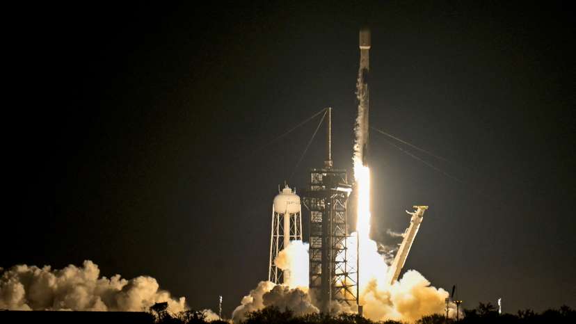A SpaceX Falcon 9 rocket lifts off from Launch Complex-39A carrying the Nova-C lunar lander from Kennedy Space Center