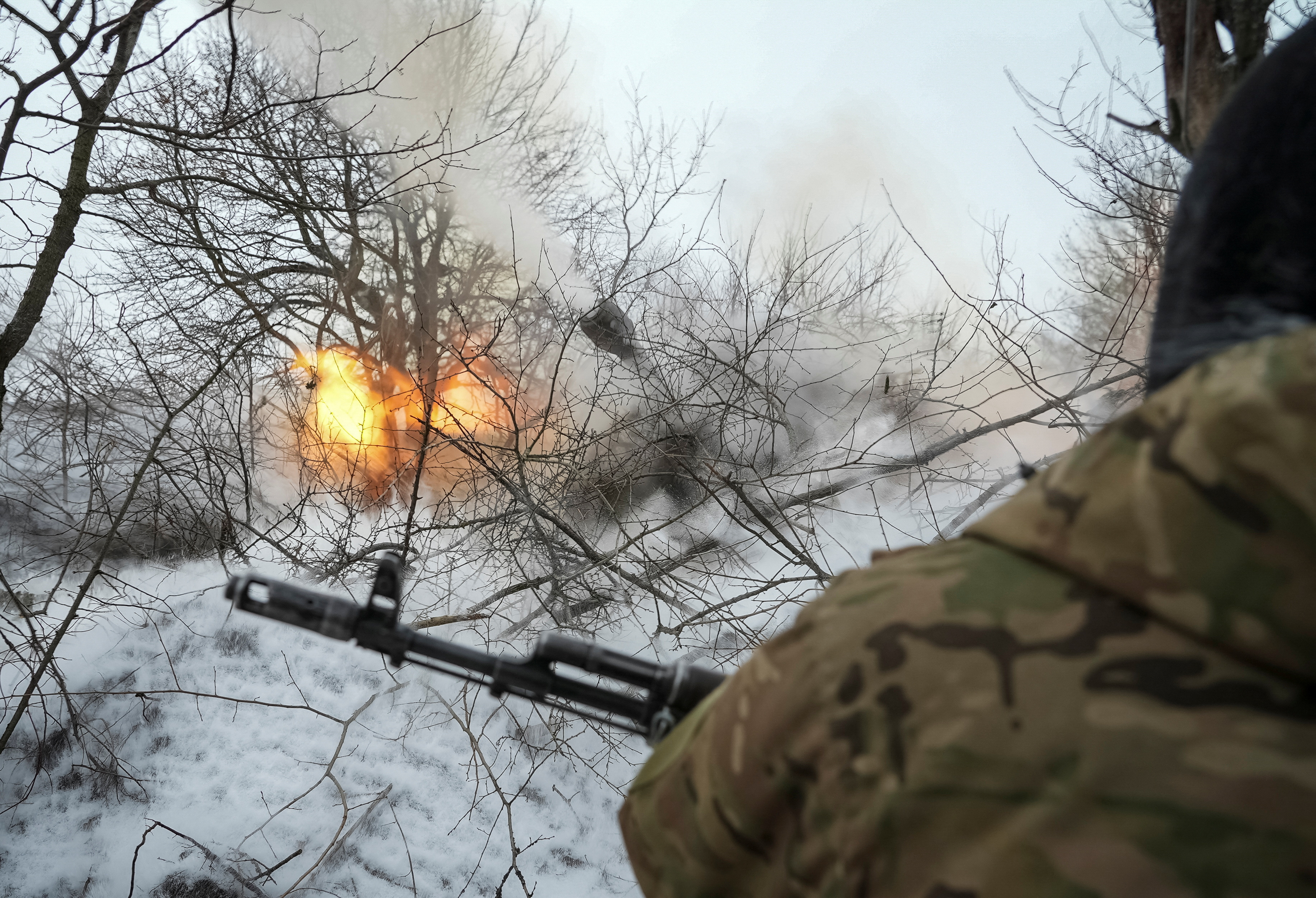 Ukrainian servicemen self propelled howitzer towards Russian troops at a front line near the town of Chasiv Yar