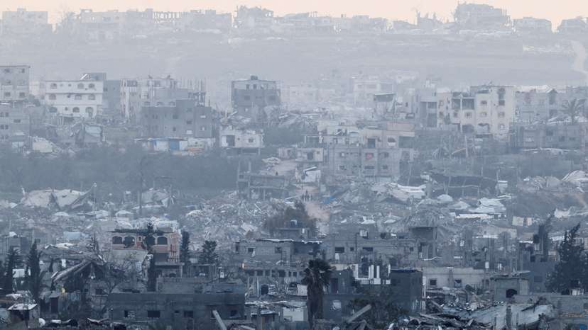 General view of destroyed buildings in Gaza, as seen from the Israel-Gaza border