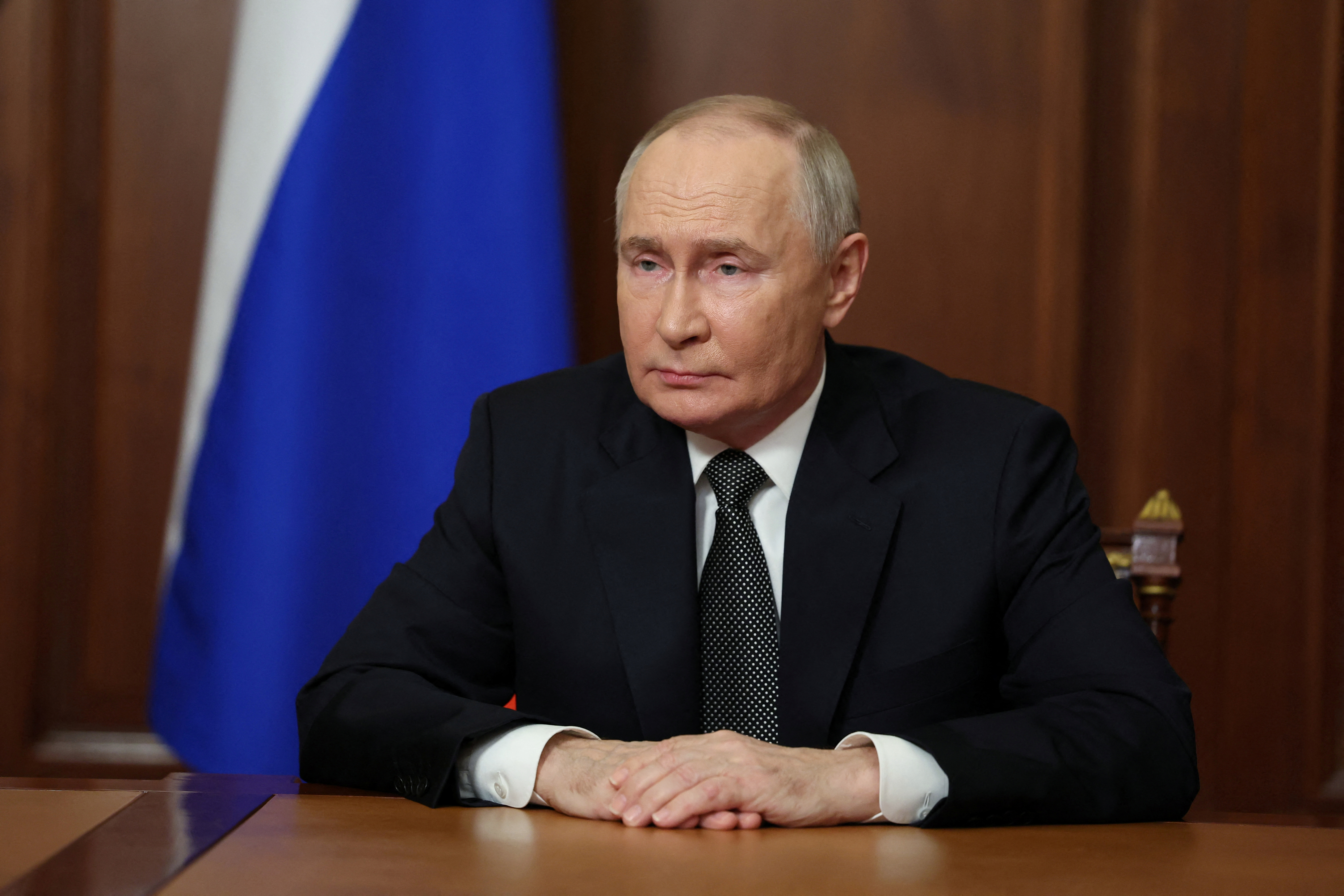 Russian President Putin makes a televised address in Moscow